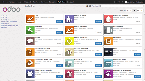 Page d'accueil d'Odoo 9 où l'on aperçoit le CRM Odoo
